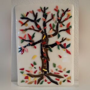 Fused Art Glass Figural Tree Plaque Panel
